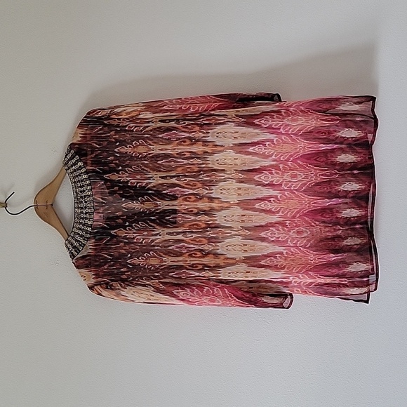 Chico's Sheer Ikat Print Tunic Blouse Sequin Beaded Neckline Size Large - Picture 5 of 9